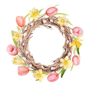 Söğüt, lale ve nergislerden yapılmış bir çelengin suluboya tırmanışı bir bahar temasını gözler önüne seriyor.