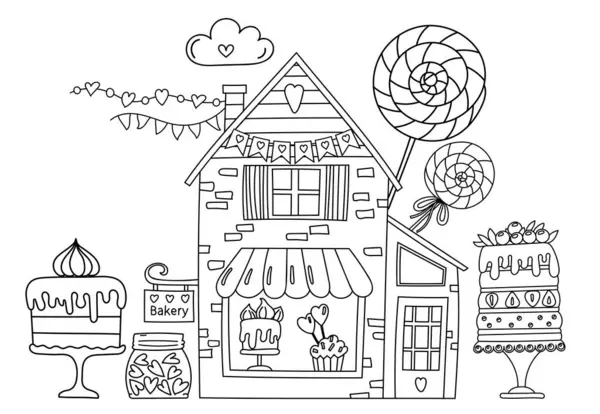 Página Para Colorear Ilustración Panadería Dulce Con Montón Dulces Pasteles — Archivo Imágenes Vectoriales