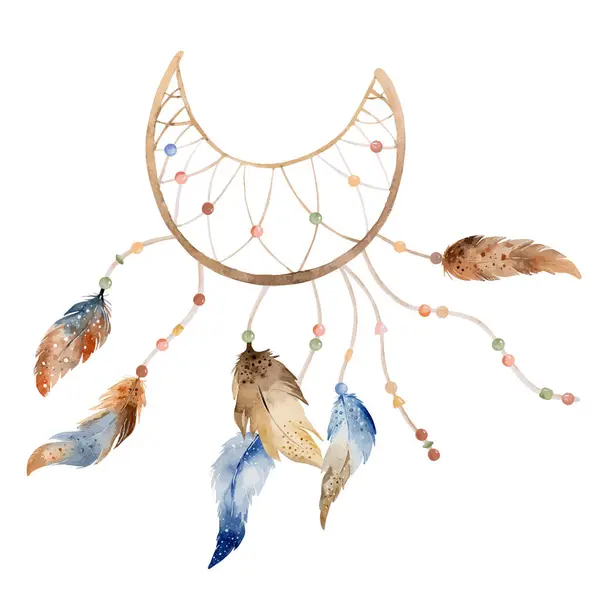 部族のBoho夢のキャッチャーは アステカの羽や矢印と水彩装飾 伝統的な夢のキャッチャー民族の翼画 — ストックベクタ