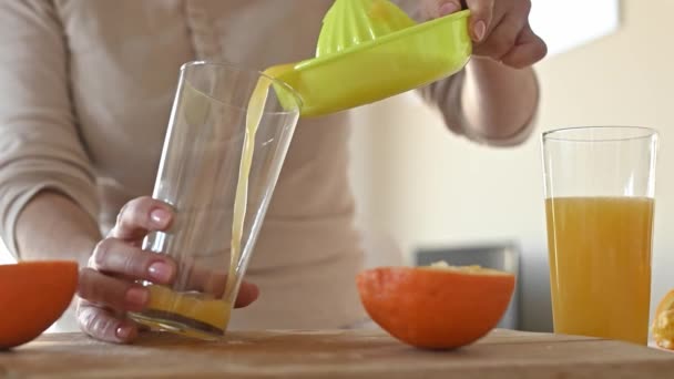 Meisje Dat Glas Vult Met Geperst Sinaasappelsap Van Handmatige Afzuigkap — Stockvideo