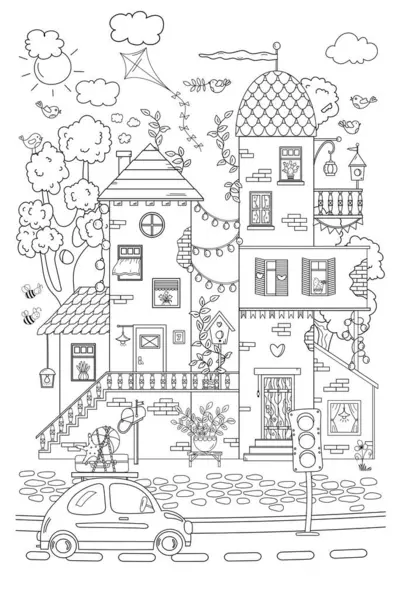 Página Para Colorear Estrés Con Una Linda Casa Para Niños — Archivo Imágenes Vectoriales