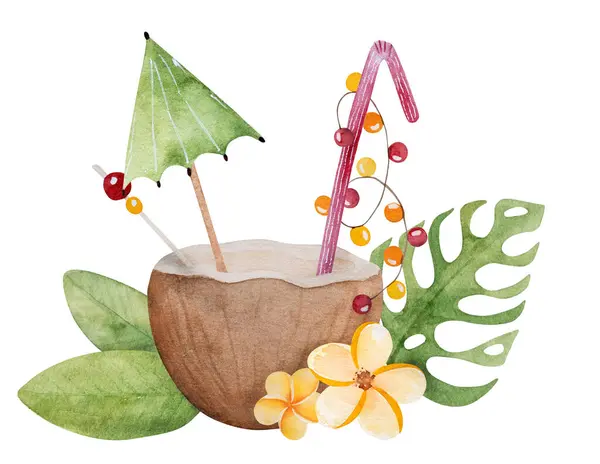 Hand-Drawn Illustration Of A Summer Vacation Theme - A Cocktail In A Coconut Decorated With An Umbrella, Tropical Flowers And Leaves Clipart On A White Background
