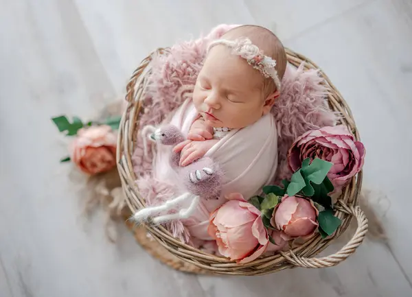 プロの新生児の写真撮影中に木製のハート型ボールでトイキャットスリープとピンクのスーツで新生児の少女 — ストック写真