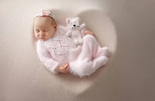 プロの新生児の写真撮影中に木製のハート型ボールでトイキャットスリープとピンクのスーツで新生児の少女 — ストック写真