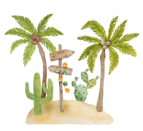 Ręcznie Narysowany Obraz Letniej Ilustracji Piaskiem Palmami Kaktusem Drewnianym Znakiem — Zdjęcie stockowe