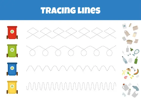 Outline Line Trash Bins Garbage Worksheet Tracing Lines Preschoolers Aged — Stock Vector