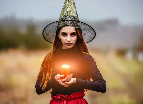 Young Girl Halloween Makeup Holding Burning Candle Hands Autumn Nature — Stock Photo, Image