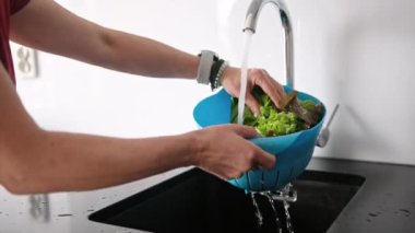 Mutfakta Genç Kadın Marul Yıkadı Yakından Bakış Alıyor