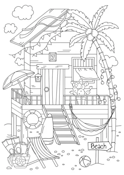Beach House Coloring Page Omalovánky Pro Dospělé Děti — Stockový vektor