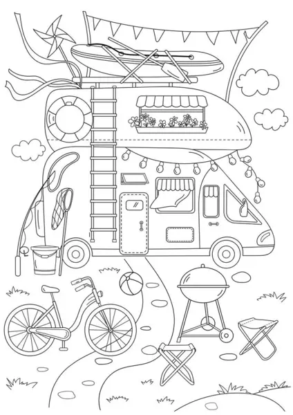 Malbuch Für Erwachsene Und Kinder Ein Haus Auf Rädern — Stockvektor