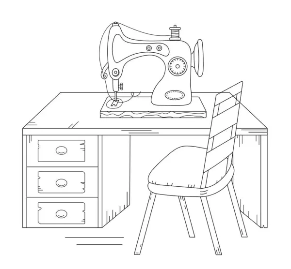 Desenho Para Colorir Máquina Costura Livro Mesa Livro Para Colorir — Vetor de Stock