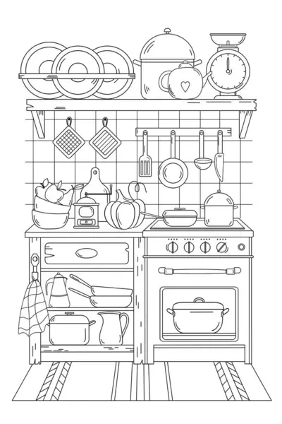 Home Kitchen Coloring Book Adults Children — Stock Vector