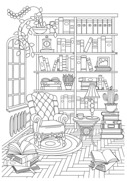Libro Para Colorear Para Adultos Niños Home Biblioteca — Archivo Imágenes Vectoriales