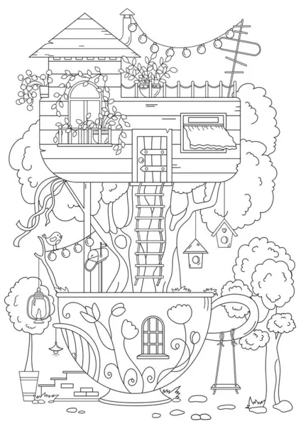 Page Coloring Baumhaus Buchmalerei Für Erwachsene Und Kinder Fesselt Die — Stockvektor