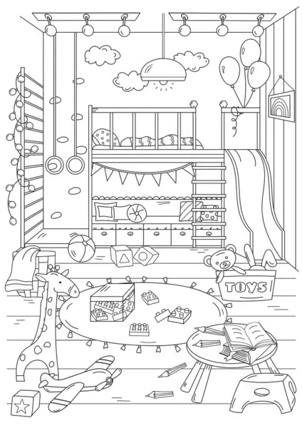 Coloring Page Children Adults Features Childrens Room Interior Design — Stok Vektör