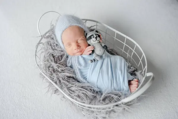 Pasgeboren Baby Grijs Wrap Slaapt Metalen Mand Tijdens Studio Photoshoot — Stockfoto