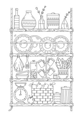 Coloring Page Features Shelves With Dishes And Kitchen Utensils, Suitable For Both Adults And Children