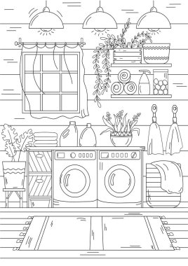 Coloring Page Features Home Laundry Room With Washing And Drying Machine For Adults And Children To Enjoy