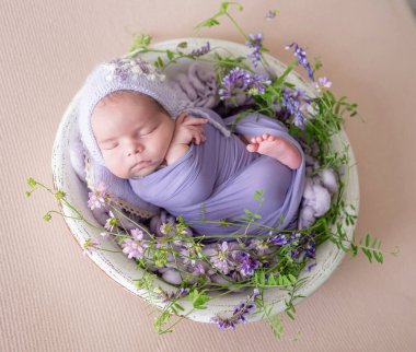 Yeni doğmuş Bebek Stüdyo Fotoğrafı Çekilirken Çiçeklerle Sepette Uyuyor