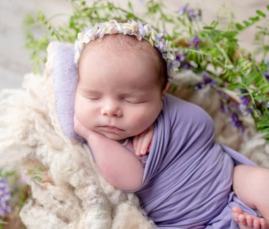 Yeni doğmuş Bebek Stüdyo Fotoğrafı Çekilirken Çiçeklerle Sepette Uyuyor