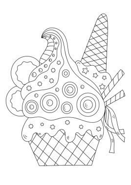 Dekorlu bir bardaktaki dondurma yetişkinler ve çocuklar için bir boyama sayfasıdır, stresi azaltacak bir boyama kitabı içerir.