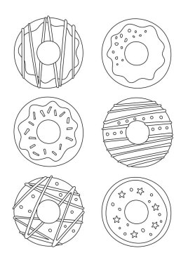 Renklendirme Sayfası Yetişkinler ve Çocuklar için Donut çeşitliliğini belirler