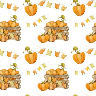 Balkabağı hasadı suluboya desenli şirin bir sonbahar cücesi. Güz sezonu karikatür cücesi ve turuncu sebze akvaryumu resmi.