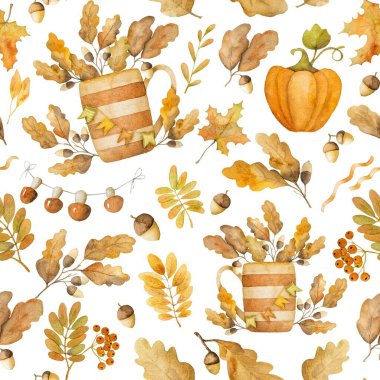 Sonbahar meşesi ve akçaağaç yaprakları ve balkabağı suluboya kusursuz desenler çiziyor. Sonbahar yaprakları, meşe palamudu ve akvaryum boyası.