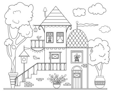 Çocuklar ve Yetişkinler için şirin bir evi olan stresten uzak boyama sayfası.