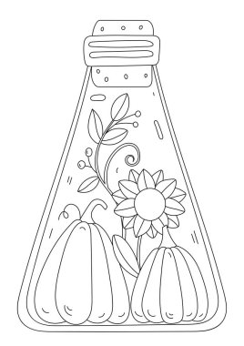 İçinde balkabağı ve ayçiçeği olan sonbahar kavanozu yetişkinler ve çocuklar için bir renklendirmedir.