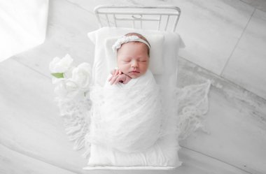 Yeni Doğan Bebek Fotoğraf Seansı sırasında Beşikte Uyuyor, Yeni Doğan Kızın Stüdyo Fotoğrafı