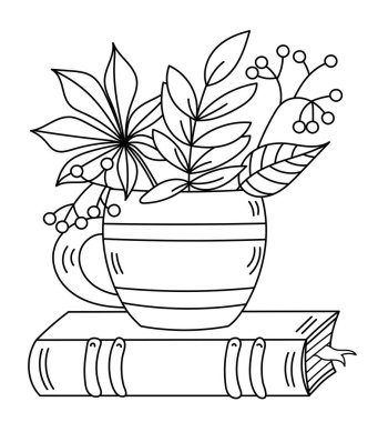 Yetişkinler ve Çocuklar için Boyama Sayfası Sonbahar - Yaprakları Kitapta Olan Kupa