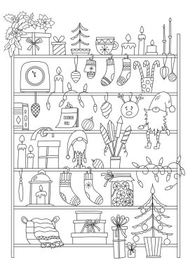 Noel hediyeleri ve dekorasyonlarla dolu Noel raflarının boyama sayfaları