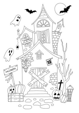 Cadılar Bayramı Hayaletli Karikatür Şatosu 'nun Boyama Sayfaları