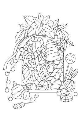 Yetişkin ve Çocuk Boyama Sayfası - Noel Şekerleme Kavanozu Stres Yardım Rengi Kitabı