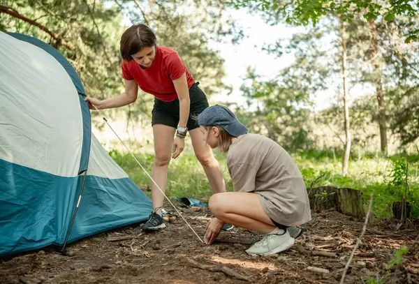 Anne ve kızı yaz için ormanda çadır kuruyor.
