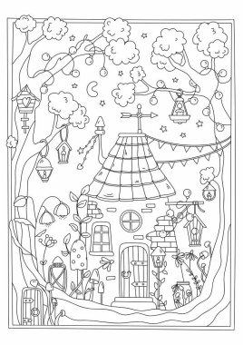 Renklendirme Sayfası Gece Ormanında Küçük Bir Ev