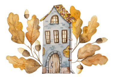 Etrafı meşe yapraklarıyla çevrili eski bir evin suluboya resimleri.