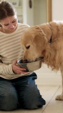 Mutlu Gülümseyen Kız, sevimli Golden Retriever köpeğiyle oynuyor ve onu yemek kasesiyle besliyor.