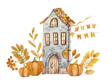 Balkabaklı ve yapraklı eski bir evin suluboya resimleri Sonbahar İllüstrasyonunu anımsatıyor