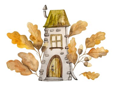 Etrafı meşe yapraklarıyla çevrili eski bir evin suluboya resimleri.