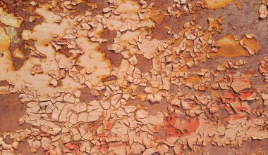 Rusty metal wall texture with peeling paint, close-up background