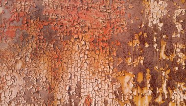 Rusty metal wall texture with peeling paint and scratches, close-up grunge background