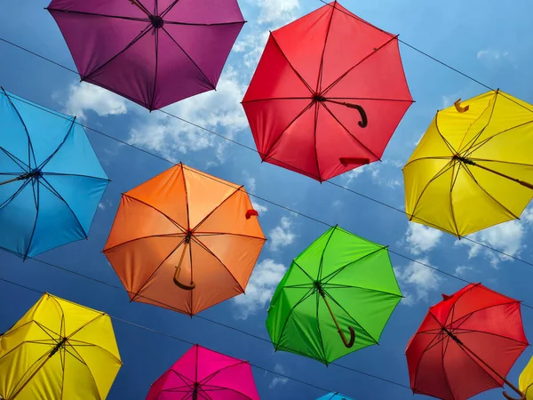 Bright Multi Colored Open Umbrellas Form Decorations Lit Sun Hanging — Stock Photo, Image