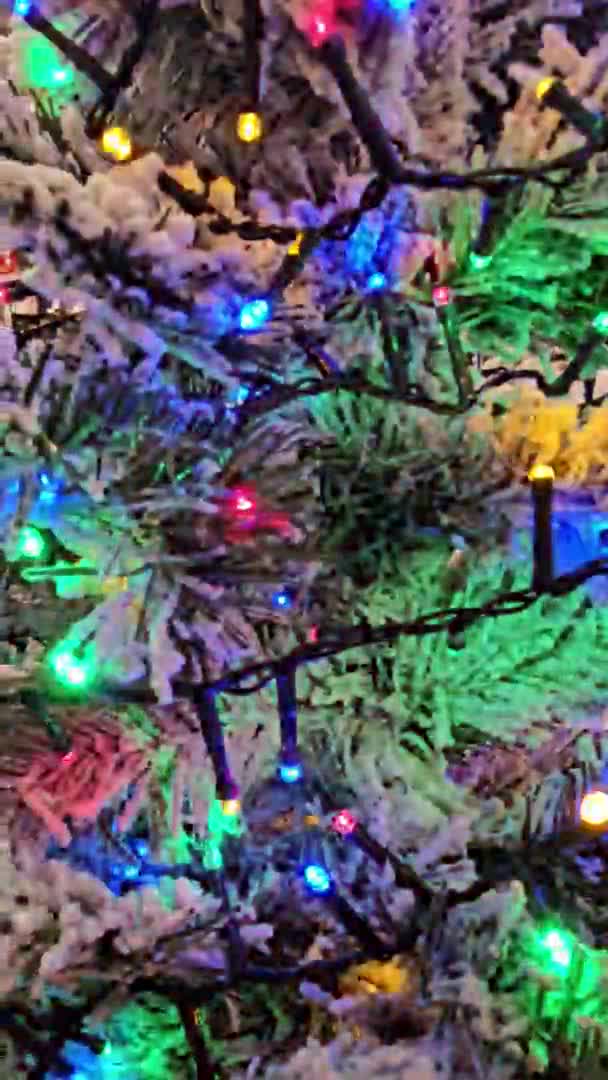 Árbol Navidad Con Ramas Cubiertas Heladas Luces Colores Parpadeantes Primer — Vídeos de Stock