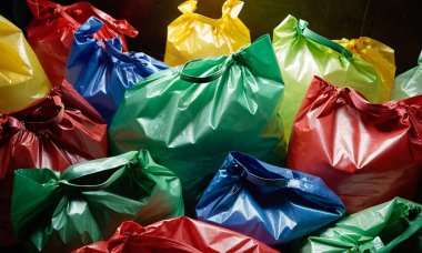 Koyu arkaplanda renkli plastik torbalar.
