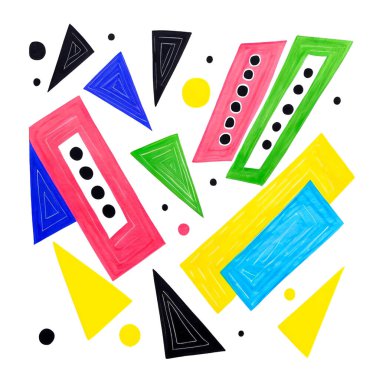 Tasarım için çeşitli parlak renkli şekiller beyaz, soyut arkaplan üzerinde izole