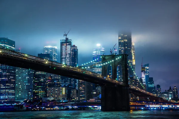 Brooklyn Bridge Vista Panorâmica Noturna Centro Manhattan Após Pôr Sol — Fotografia de Stock