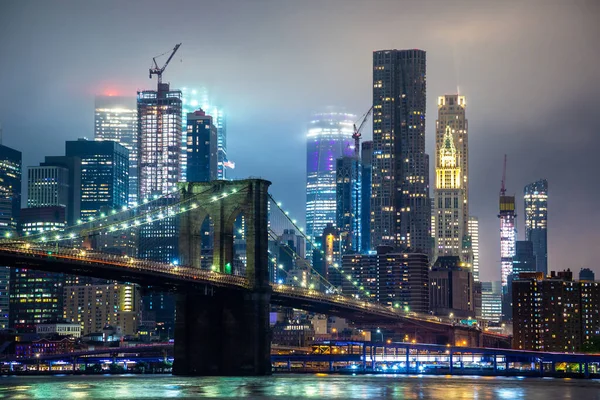 Brooklyn Bridge Panoramic Night View Downtown Manhattan Sunset New York — Stock Photo, Image