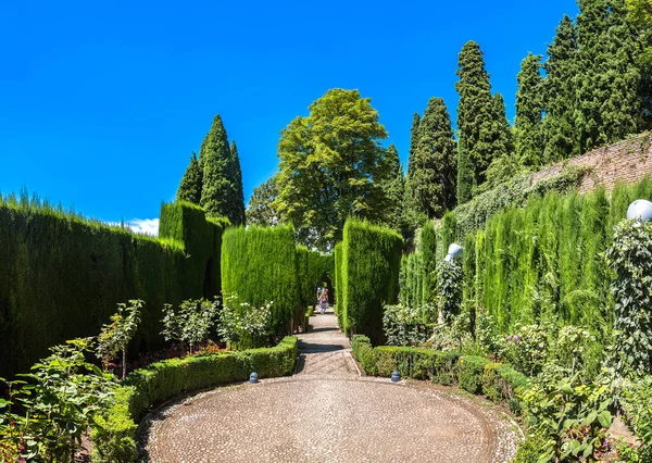 在一个美丽的夏日 西班牙格拉纳达的阿尔罕布拉宫花园 — 图库照片